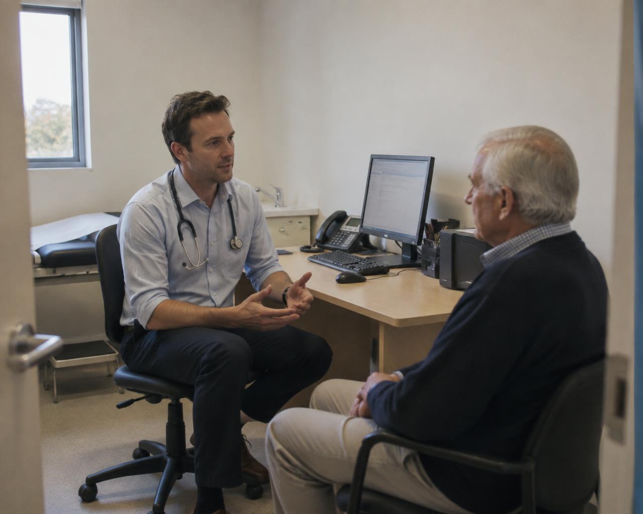 A doctor reviewing notes in a sunlit Australian general practice consulting room