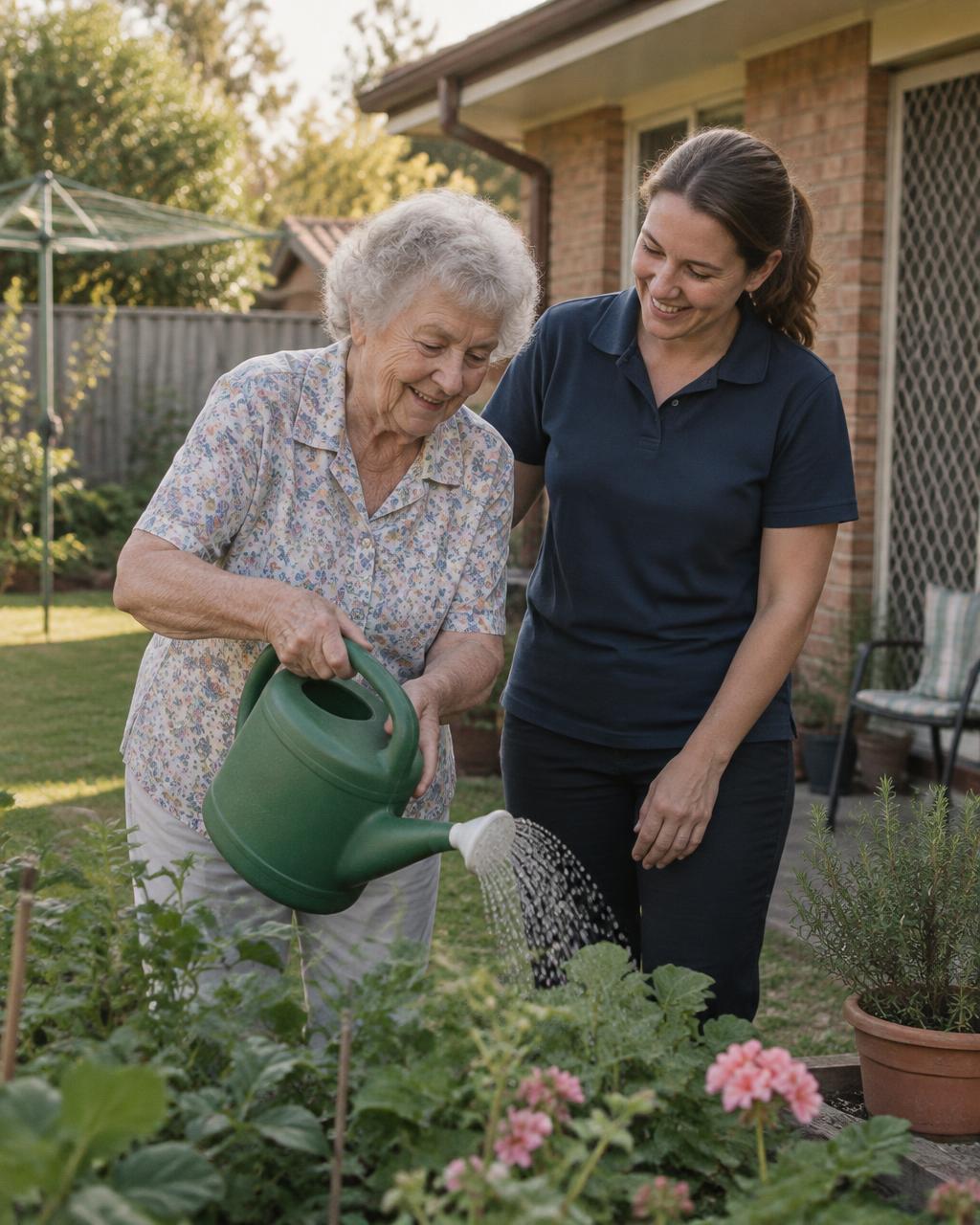 A support worker gardening alongside an older woman outside an Australian home